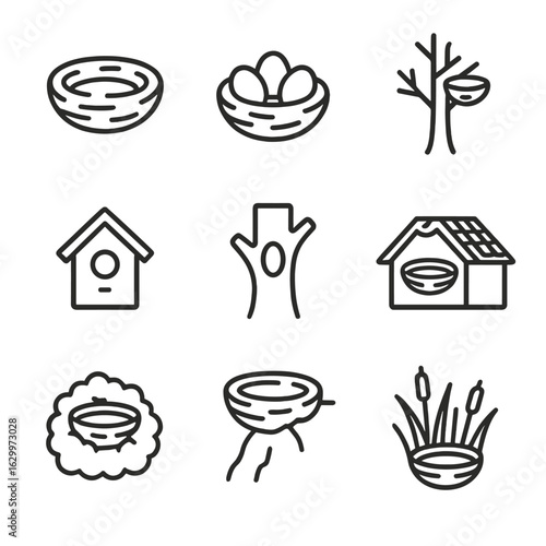 Bird Nests Icons. Outline icon set of bird nests and habitats: bird nest, eggs in nest, tree with nest, birdhouse, hollow tree,