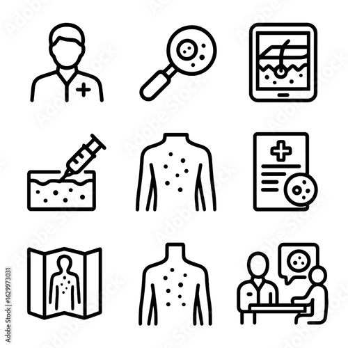 Birthmark Diagnosis Icons. Outline icon set of birthmark diagnosis: dermatologist, magnifying glass, skin analysis, biopsy, skin