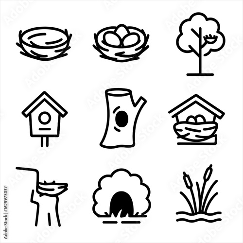 Bird Nests Icons. Outline icon set of bird nests and habitats: bird nest, eggs in nest, tree with nest, birdhouse, hollow tree,
