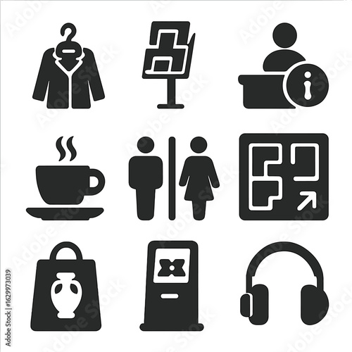 Art Museum Icons. Solid, filled icons set of art museum amenities: coat check icon, brochure stand, info desk,