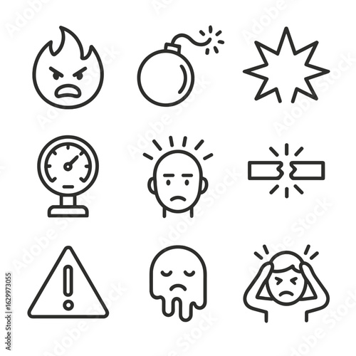 Boiling Point Icons. Outline icon set of metaphorical boiling point: anger flame, ticking bomb, explosion, stress gauge, pressure