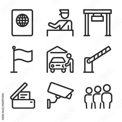 Border Checkpoint Icons. Outline icon set of border checkpoints: passport, customs officer, gate, flag, vehicle inspection,