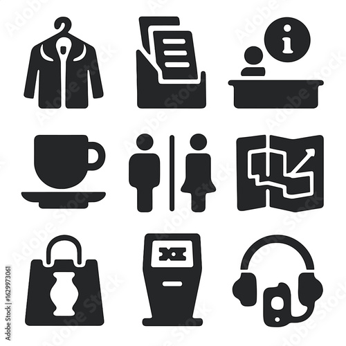 Art Museum Icons. Solid, filled icons set of art museum amenities: coat check icon, brochure stand, info desk,