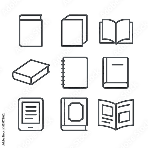 Book Icons Grid. Outline icon set of book types: hardcover book, paperback book, open book, closed book, spiral notebook, textbook