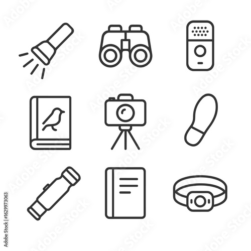 Birdwatching and Cricket Icons. Outline icon set of night birdwatching gear: flashlight beam, night vision binoculars, audio