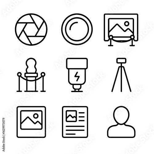Art Photography Icon Set. Outline icon set of art photography session: camera shutter, lens, gallery room,