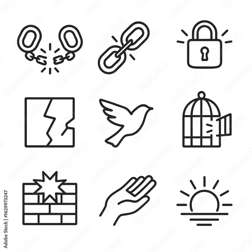 Breaking Free Icons. Outline icon set of breaking free: broken shackles, smashed chains, cracking wall, burst lock, flying bird,
