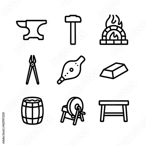 Blacksmith Tools Icons. Outline icon set of blacksmith tools: anvil, hammer, forge, tongs, bellows, metal ingot, quenching barrel,