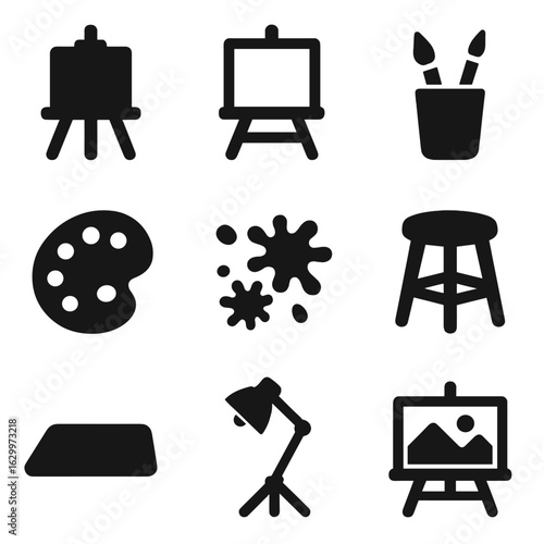 Art Studio Icons. Solid, filled icons set of artistic easel with canvas: wooden easel, blank canvas,