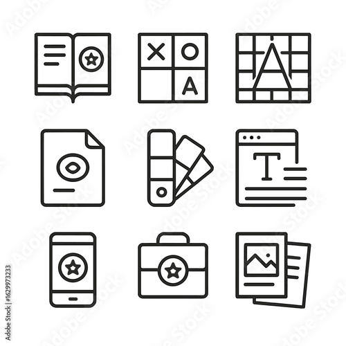 Branding Tools Icons. Outline icon set of branding tools: brand book, mood board, logo grid, vector file, color swatches, font