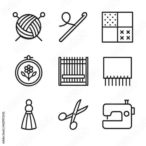 Blanket Crafts Icons. Outline icon set of blanket crafts: knitting needles and yarn, crochet hook and loop, quilting patch,
