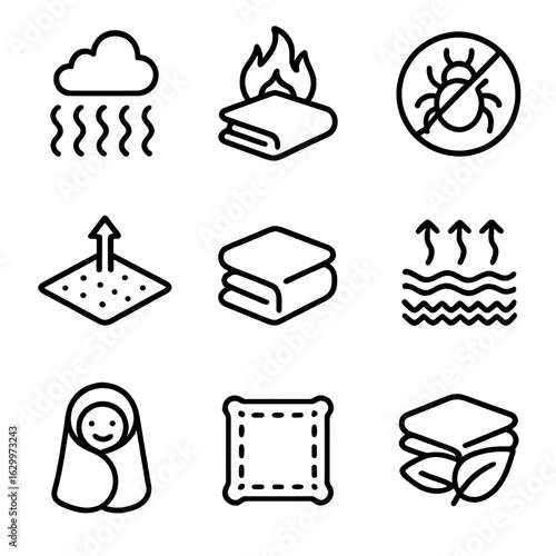 Blanket Feature Icons. Outline icon set of blanket comfort features: soft texture, warmth, hypoallergenic, breathable, lightweight