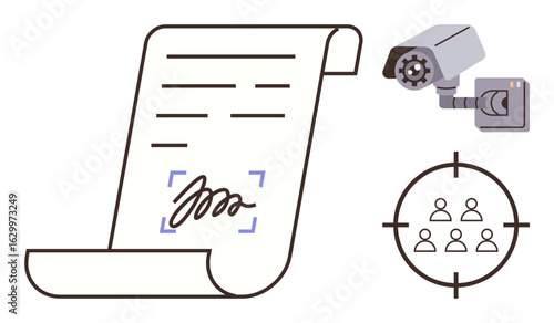 Signed document, security camera, and group focus icon under target. Ideal for privacy, surveillance, digital security, technology, contracts monitoring compliance. Simple flat metaphor