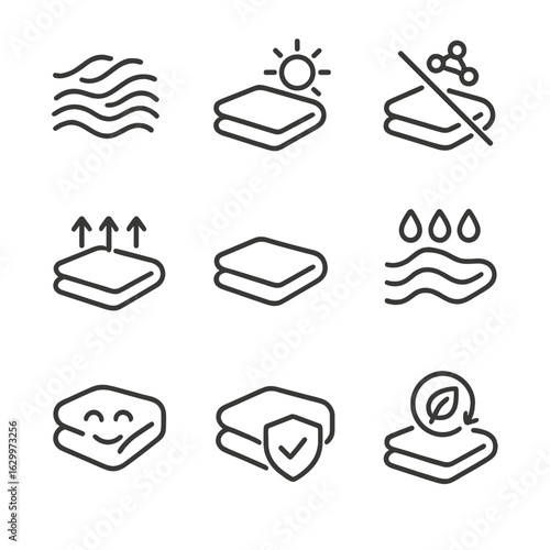 Blanket Feature Icons. Outline icon set of blanket comfort features: soft texture, warmth, hypoallergenic, breathable, lightweight