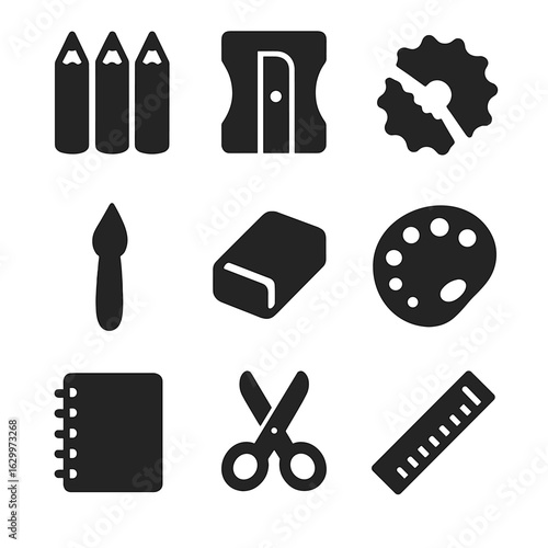 Art Supplies Icons. Solid, filled icons set of Art supplies sharpening: colored pencils, sharpener, shavings,