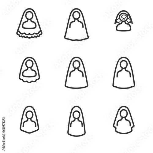 Bridal Veil Icon Set. Outline icon set of bridal veils: lace veil, cathedral veil, birdcage veil, mantilla veil, fingertip veil,
