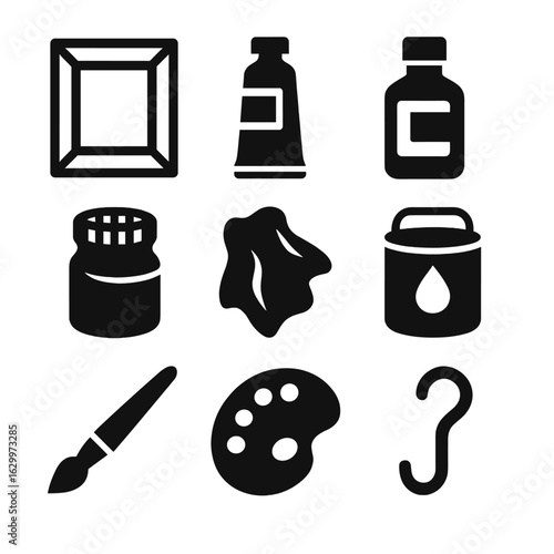 Art Supplies Icons. Solid, filled icons set of oil painting session: canvas frame, oil tube, medium bottle,
