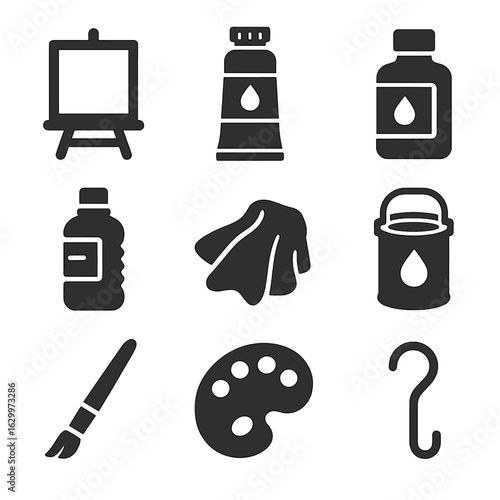 Art Supplies Icons. Solid, filled icons set of oil painting session: canvas frame, oil tube, medium bottle,