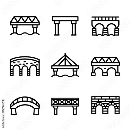 Bridge Icon Set. Outline icon set of bridge types by material: steel, concrete, wood, stone, cable, composite, iron, aluminum,