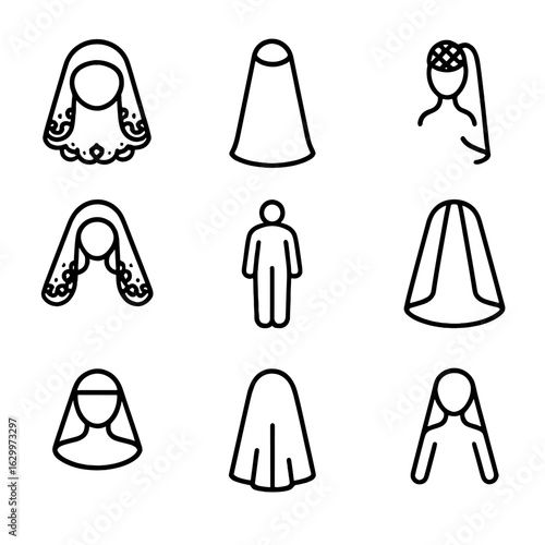 Bridal Veil Icon Set. Outline icon set of bridal veils: lace veil, cathedral veil, birdcage veil, mantilla veil, fingertip veil,