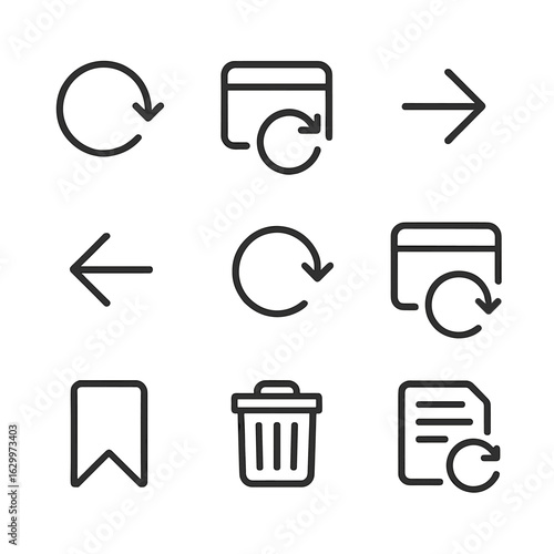 Browser Replay Icons. Outline icon set of browser replay features: history replay icon, session restore icon, back button icon,