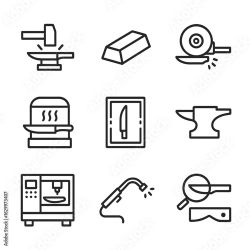 Blade Manufacturing Icons. Outline icon set of blade manufacturing: forging hammer, steel ingot, grinding wheel, heat treatment,