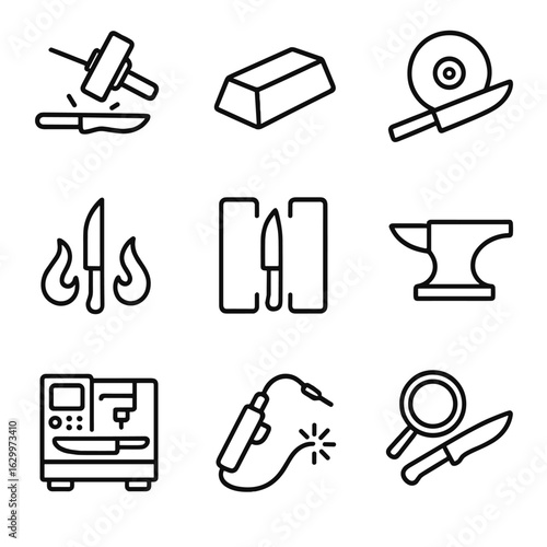Blade Manufacturing Icons. Outline icon set of blade manufacturing: forging hammer, steel ingot, grinding wheel, heat treatment,