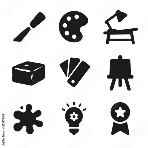 Art Workshop Icons. Solid, filled icons set of Art workshops: sculpture chisel, paint palette, art desk, clay