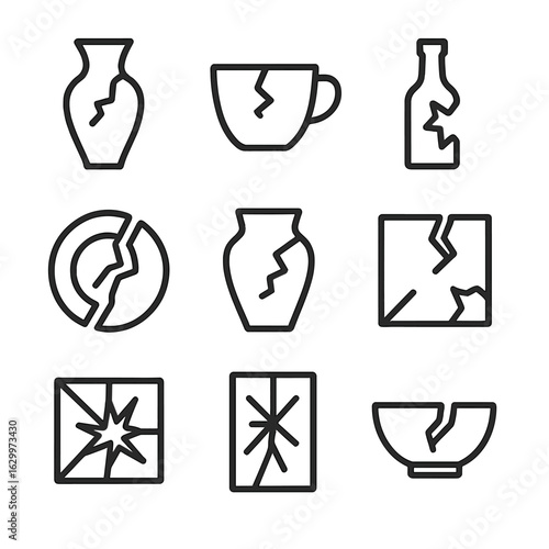Broken Glass Icons. Outline icon set of break in glass and ceramics: shattered vase, cracked cup, broken bottle, fragmented plate,