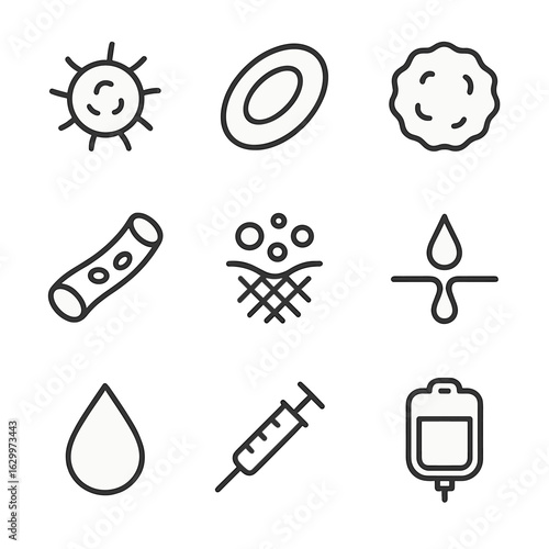 Blood Components Icons. Outline icon set of platelets and blood components: platelet cell, red blood cell, white blood cell, blood