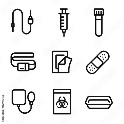 Blood Donation Icons. Outline icon set of blood donation equipment: needle, syringe, blood collection tube, tourniquet, alcohol
