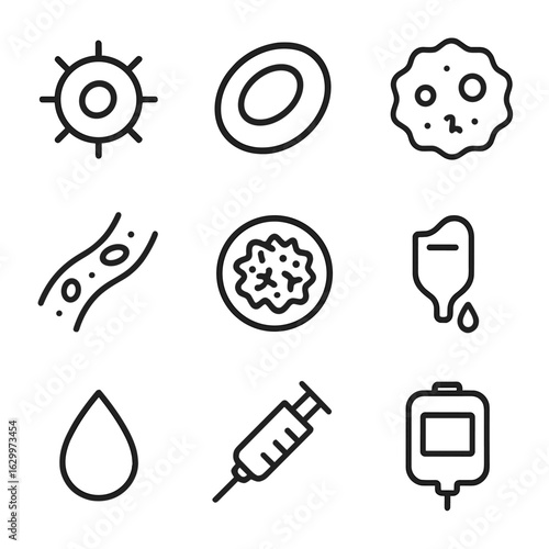 Blood Components Icons. Outline icon set of platelets and blood components: platelet cell, red blood cell, white blood cell, blood