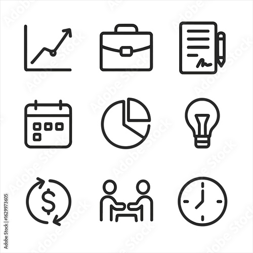 Business Icons Set. Outline icon set of business change: graph increase, briefcase, contract, calendar, pie chart, lightbulb,