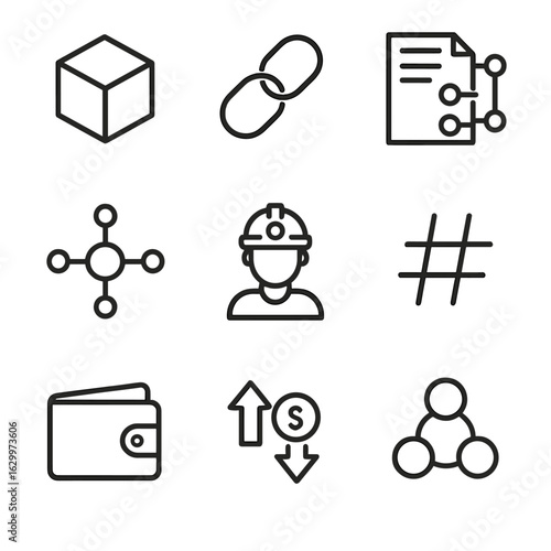 Blockchain Icons Overview. Outline icon set of blockchain fundamentals: block, chain link, ledger, node, miner, hash, wallet,