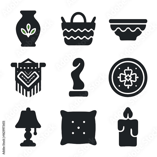 Artisanal Décor Icons. Solid, filled icons set of Artisanal home décor items: handmade vase, woven basket,