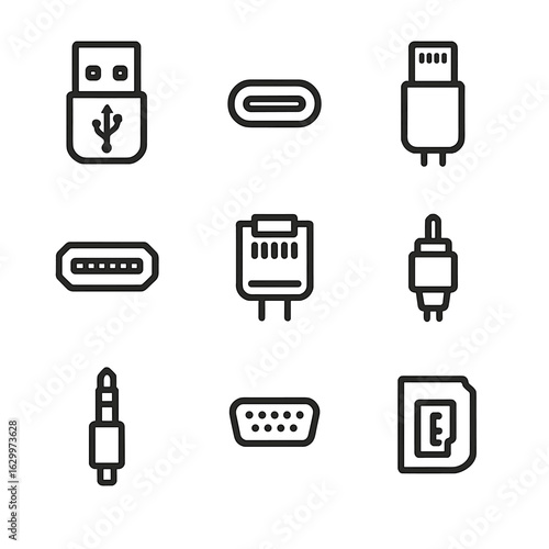 Cable Connectors Icons. Outline icon set of cable connectors: USB-A, USB-C, Lightning, HDMI connector, RJ45 plug, coaxial