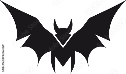 Striking Stylized Black Bat Silhouette Icon with Horns and Dynamic Wings, Ideal for Halloween, Gothic Themes, or Mystical Brand Logos.