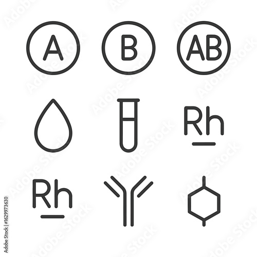 Blood Type Icons. Outline icon set of blood group symbols: A, B, AB, O, Rh positive, Rh negative, blood drop, test tube, antigen.
