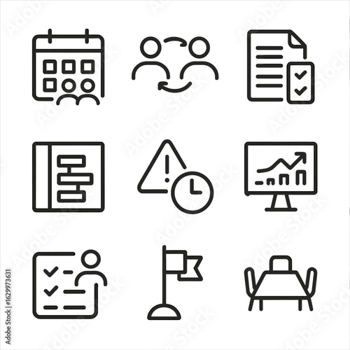Business Schedule Icons. Outline icon set of business schedule tools: team calendar, sync meeting, project schedule, Gantt chart,