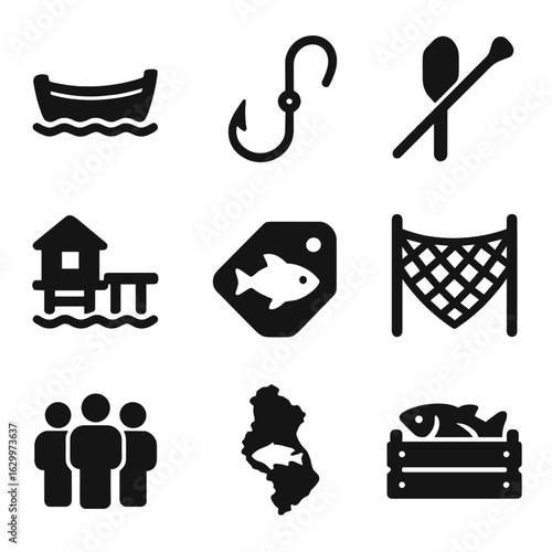 Artisanal Fishing Icons. Solid, filled icons set of artisanal and small-scale fisheries: wooden boat, handline