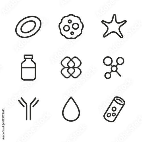 Blood Component Icons. Outline icon set of blood components: red blood cell, white blood cell, platelet, plasma, hemoglobin,