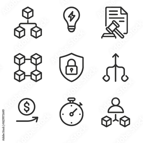 Blockchain Icon Set. Outline icon set of blockchain challenges: scalability, energy consumption, regulatory compliance,