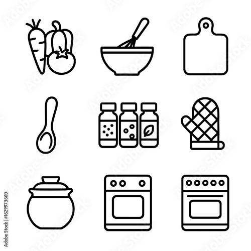 Artisanal Ingredient Icons. Outline icon set of artisanal ingredients and tools: fresh vegetables, mixing bowl