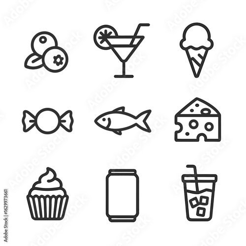 Blue Food Icon Set. Outline icon set of cool tone food and drink: blueberries, blue cocktail, ice cream cone, iced coffee, blue