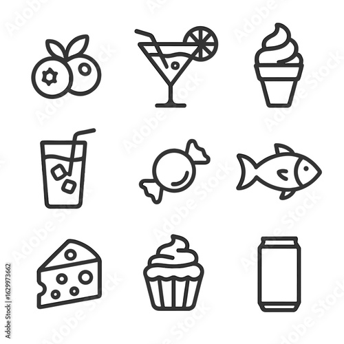 Blue Food Icon Set. Outline icon set of cool tone food and drink: blueberries, blue cocktail, ice cream cone, iced coffee, blue