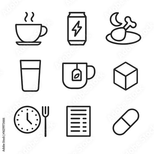 Caffeine and Diet Icons. Outline icon set of caffeine and diet impact: coffee cup outline, energy drink can, late-night snack