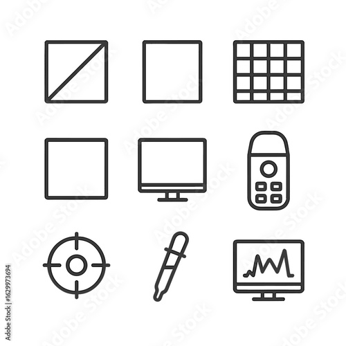 Calibration Tools Icons. Outline icon set of calibration tools: grey card icon, white card icon, color checker chart icon, neutral