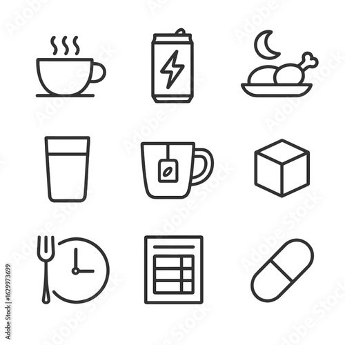 Caffeine and Diet Icons. Outline icon set of caffeine and diet impact: coffee cup outline, energy drink can, late-night snack