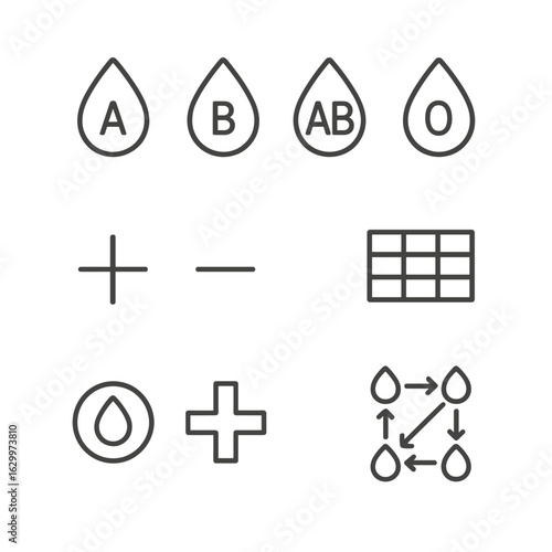 Blood Type Icons. Outline icon set of blood types and groups: A blood type, B blood type, AB blood type, O blood type, positive Rh