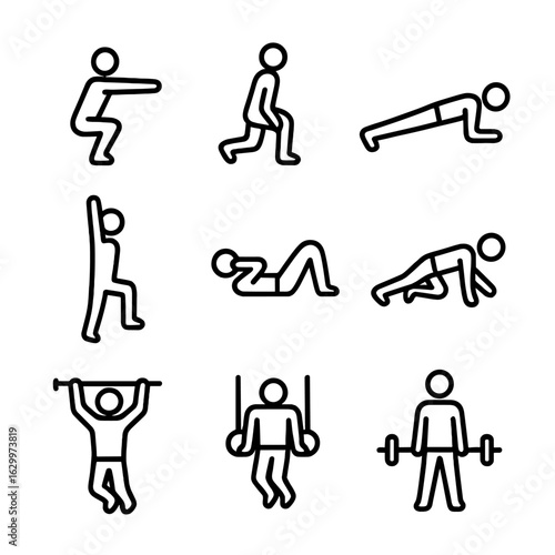 Body Movement Icons. Outline icon set of body movements: squat, lunge, plank, burpee, crunch, mountain climber, pull-up, dip,